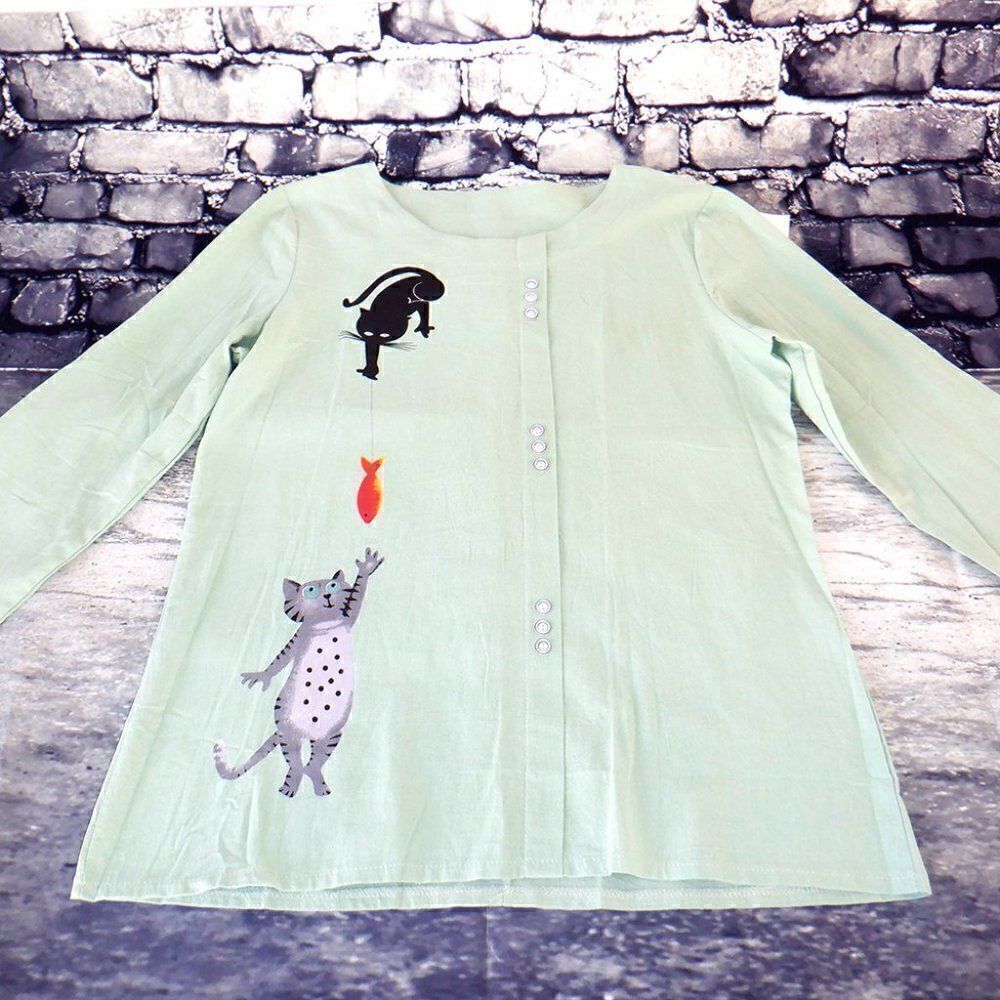 Mint green cat lovers linen L/S button shirt